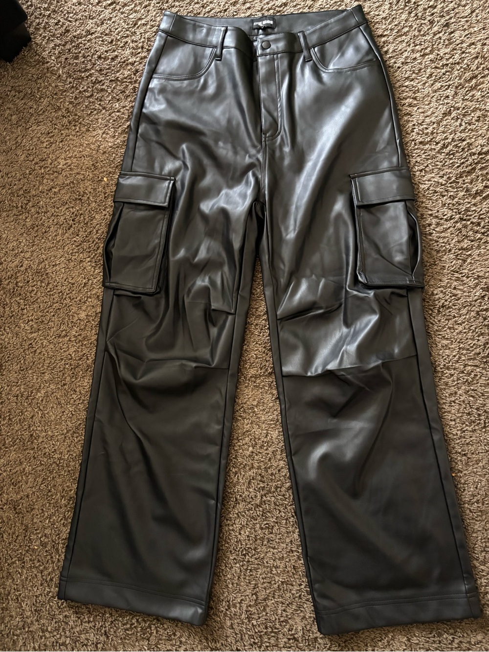 Steve Madden Black Faux Leather Cargo Pants Y2K streetwear bootcut flare